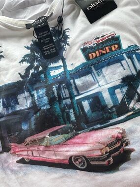 Olsen Europe Graphic Tee with Pink Cadillac and Diner Print
